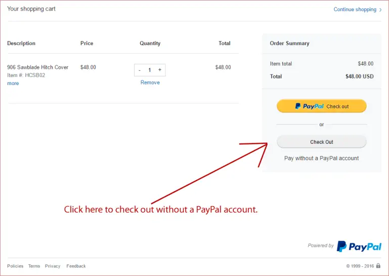 Screenshot showing to click on regular Check Out button and not PayPal button